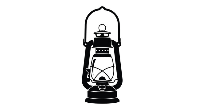 A black and white illustration of a vintage oil lantern with a handle