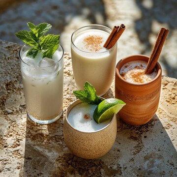 Traditional Mexican horchata drink served in authentic clay vessel and modern glasses with cinnamon sticks and fresh mint garnish on rustic stone surface