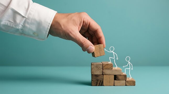Professional hand placing wooden block to help small illustrated figures climb staircase, business growth concept