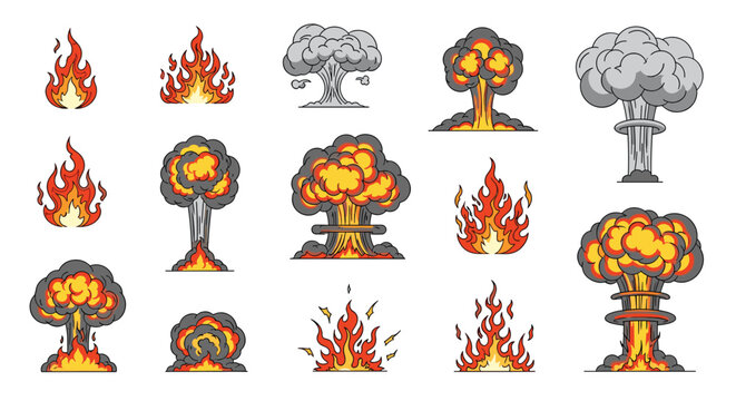Collection of vector fire flames and powerful explosion icons featuring mushroom clouds and smoke effects in a stylized illustrative manner.
