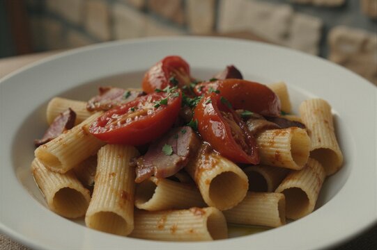 A steaming plate of al dente pasta with sliced tomatoes, crispy ham, and fresh parsley garnish on a white tablecloth in a cozy indoor setting.