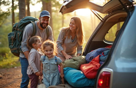 Happy family packs car for outdoor adventure. Parents and kids load luggage for road trip into vehicle. People prepare for fun journey in nature.