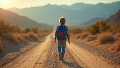 Obraz premium Young boy with blue backpack walks on dirt road through desert landscape. He travels towards distant mountains during golden hour light. Child explores wilderness on solo journey.