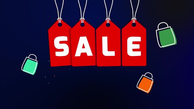 Sale promotional tags swinging on string animation. Animation of sale tag on Dark background for promotion videos and marketing campaigns