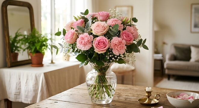 Buket mawar merah muda dan anyelir yang cantik dalam vas elegan.