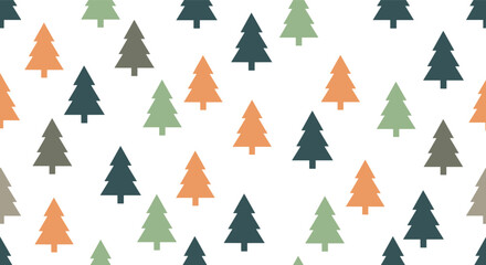 Obraz premium Seamless pattern featuring a minimalist design of pine and fir trees in various shades of green, orange, and gray against a clean white background.