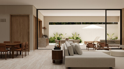 Fototapeta premium Modern Luxury Open Concept Living Room with Wood Paneling and Seamless Outdoor Patio