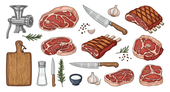 Selection of various raw meat cuts including steaks and ribs shown alongside kitchen tools like a meat grinder, cutting board, and chef knives.