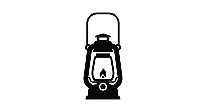 Simple black silhouette of an antique oil lantern with a glowing flame