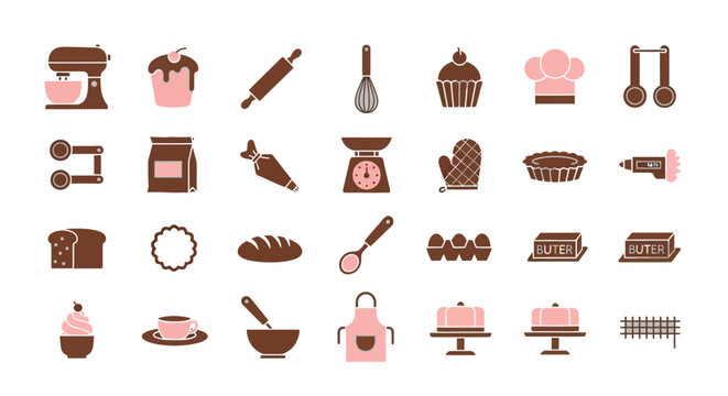 Colorful assortment of baking and kitchen essentials icons Vector