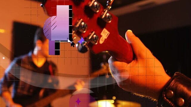 Camera focusing on red guitar neck, lead guitarist moving hand, purple overlays revealing rehearsal