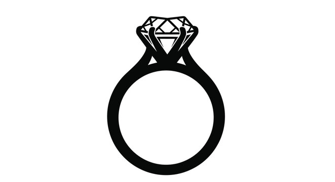 A black and white graphic of a diamond engagement ring with a large stone