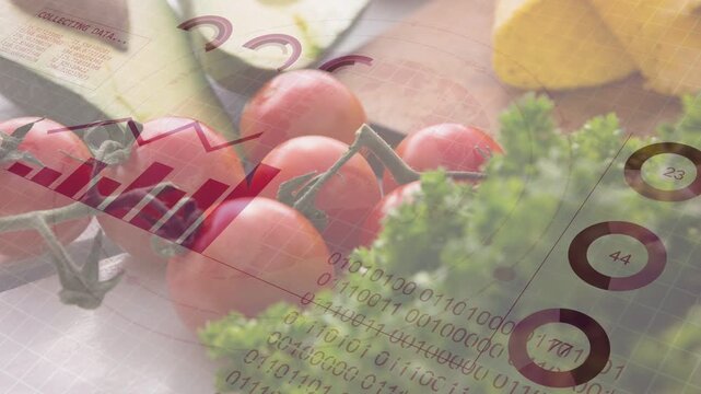 Tomato cluster remaining static on board while metrics updating and sparking food analytics overlay