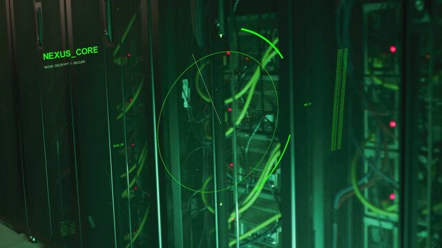 Vertical video: NEXUS_CORE HUD appearing scanning rack sweeping and marking cables inspecting port