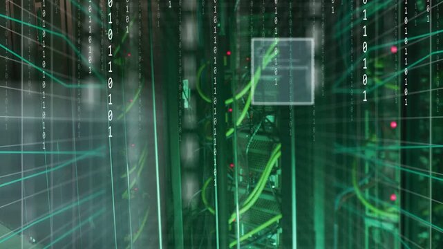 Server rack showing cables while UI panel popping and streaming binary over rack for IT ops