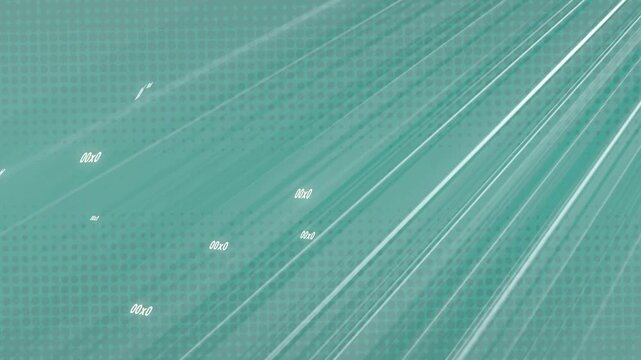 On start, diagonal beams and code tokens sliding left, brightening into looping teal dot backdrop