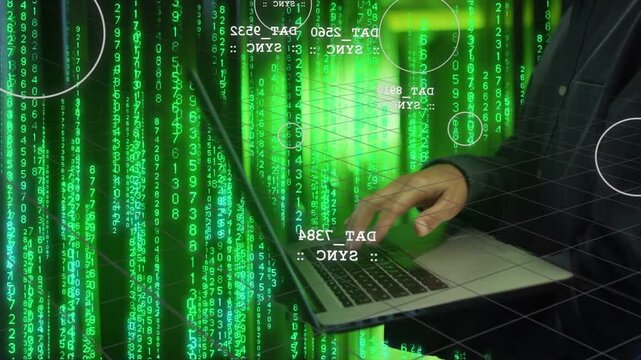 Vertical video: Typing man in dark jacket reacting to HUD activation in studio, with laptop HUD
