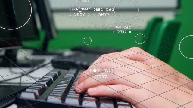 HUD prompt appearing teen typing and moving mouse, completing classroom computer task with keyboard