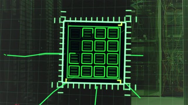 Server rack sending technology signal, neon HUD populating 4x4 module grid mapping rack connections
