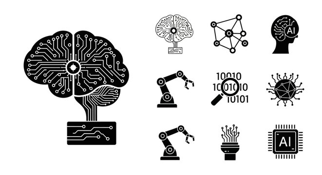 Artificial Intelligence, Machine Learning, and Robotics Vector Icons. Digital Brain, Data Processing, and Futuristic Technology Concepts