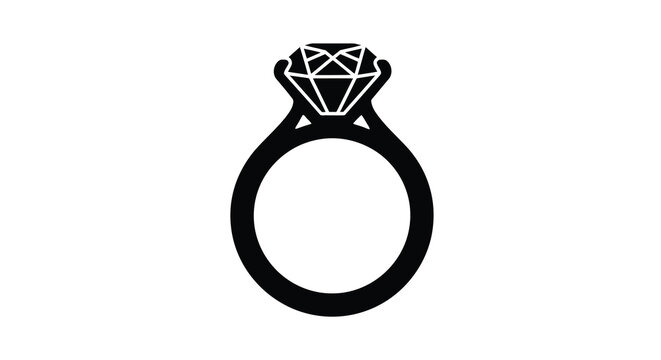 Simple black and white illustration of a diamond engagement ring