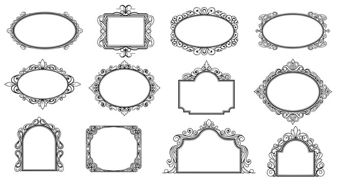 Assorted collection of decorative vintage frames with ornate floral borders in oval, rectangular, and arch shapes for classic designs.