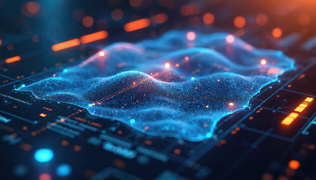 Digital terrain map with glowing contour lines and data points. Futuristic interface shows topographical elevation and flight path planning.