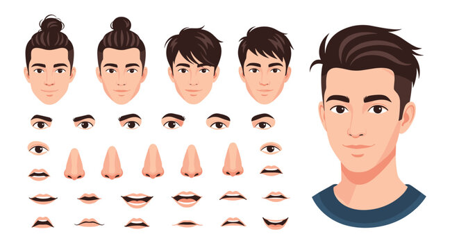 Male character creation kit featuring diverse facial features including multiple hairstyles, eyes, noses, and mouth expressions.