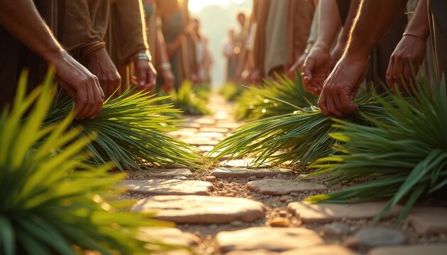 People lay palm branches on stone path. Holy Week procession awaits arrival. Religious gathering honors sacred event with plant offerings. Spiritual devotion and faith.