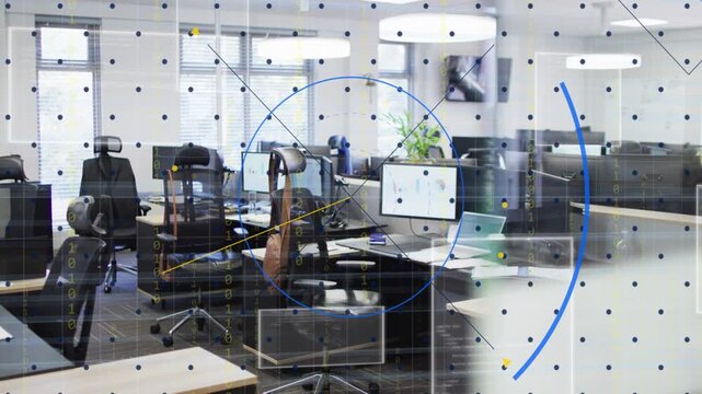 Office cluster activating tech HUD scan, thinning right blur and mapping desks with circles