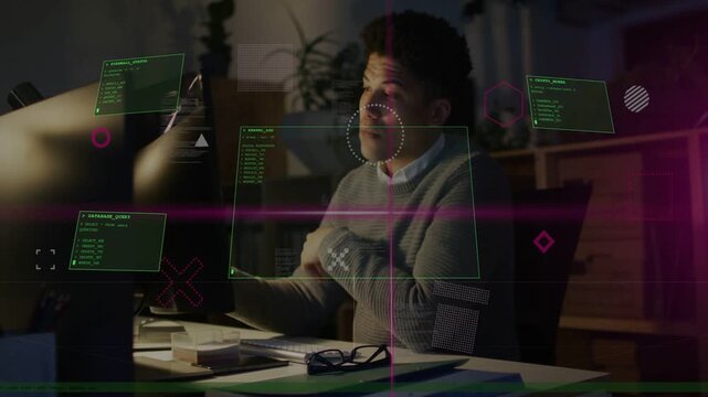 Man leaning at monitor as green HUD overlays appearing, analyzing code while sipping mug in tech