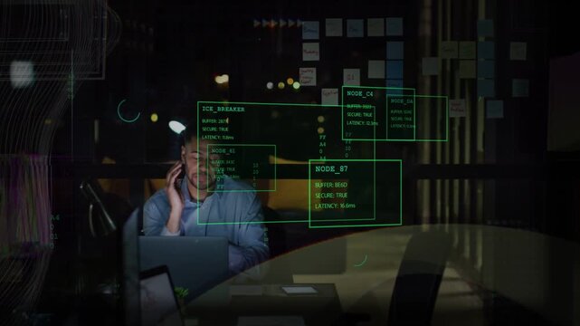 Male worker reacting to NODE_B7 alert, rubbing temple, typing while fixing green IT HUD over laptop
