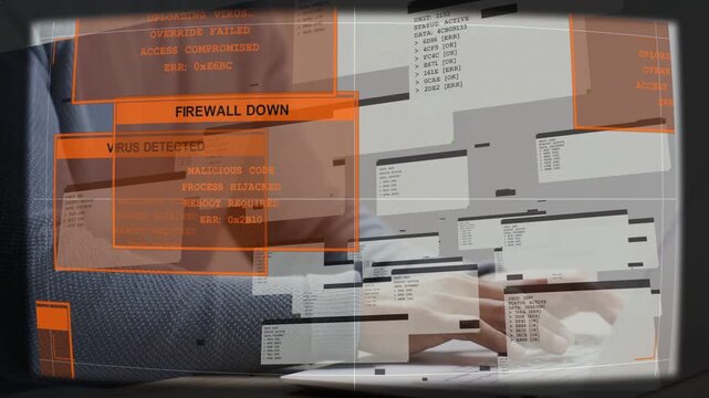 Man at laptop typing, causing orange security alerts escalating into FIREWALL DOWN showing breach