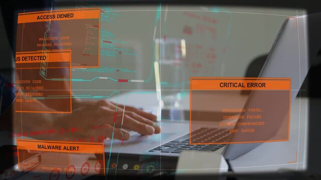 IT pro typing on laptop on desk, continuing work while animated cyber alerts stacking over keyboard