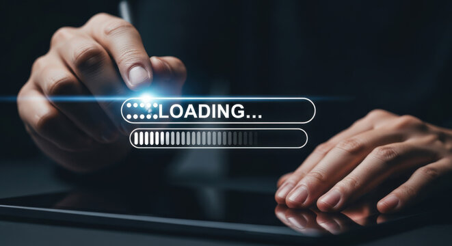 Digital Progress Awaits A Person's Touch A Hand Interacts With A Loading Bar On A Tablet Screen Indicating Data Transfer Or Software Installation In A Modern Setting