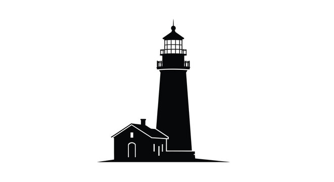 Simple black silhouette of a lighthouse and keeper s cottage