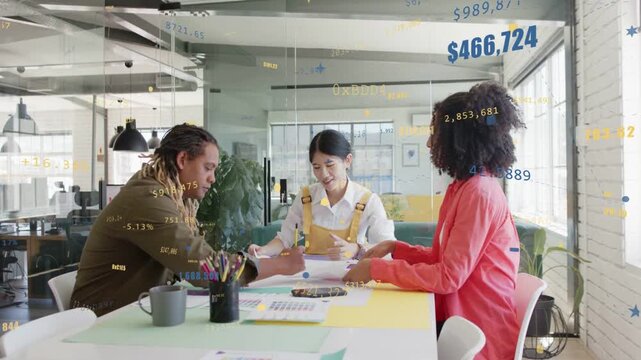 Team reviewing finance charts, presenter flipping pages initiating overlays over reports to decide