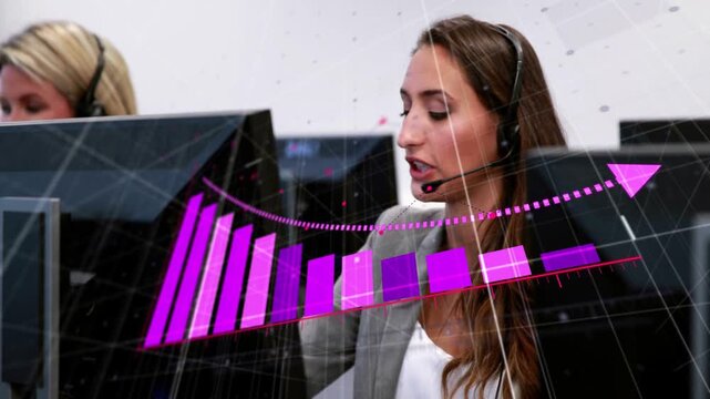 Customer service rep explaining metrics via headset while magenta bar graphic expanding into chart