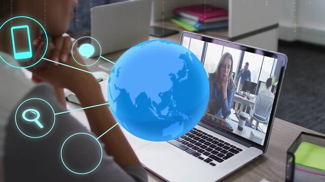 Woman watching laptop as host speaking, globe expanding over laptop and icons forming for business