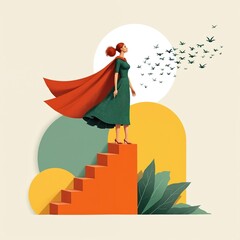 Fototapeta premium Woman in red cape stands on orange stairs. Birds fly towards white circle. Abstract shapes and green leaves form background. Represents ambition and reaching goals.