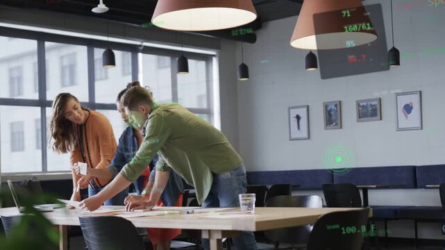 Man reaching for sheet triggers design team arranging papers animated guides marking layout review