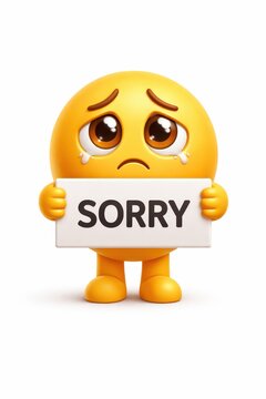 Cute sad yellow emoji 3d character expressing apology holding sign with sorry message.