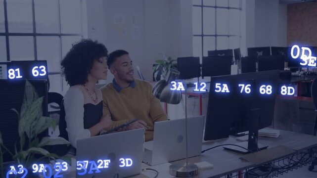 Woman pointing to screen, sliding tablet while man typing, tech duo solving under floating hex code