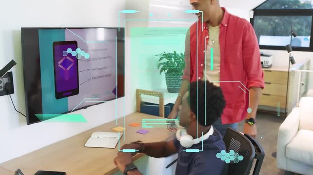 Peer bringing sheets, seated man analyzing animated app mockup on wall screen for business pitch