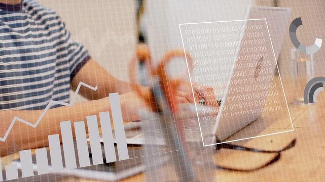 Man typing on laptop causing data HUD evolving charts while scissors crossing hands for analytics