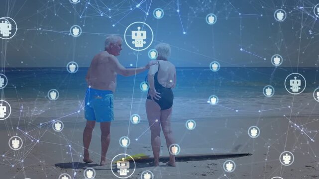 Man pointing and touching shoulder, couple walking toward board, tech overlay with robot icons