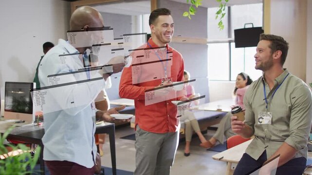 Left man lifting cup, trio sharing office coffee chat, UI overlays appearing, not interrupting chat