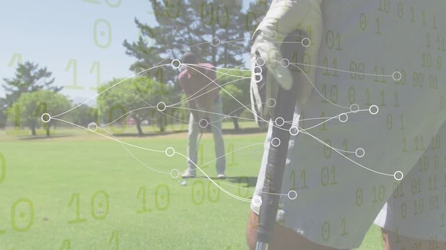 Lead golfer holding club while peer striking ball aiming toward hole, overlay tracing golf metrics