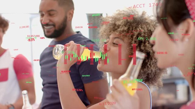 Center woman taking first sip, group mirroring toast while finance candlesticks overlaying bottles