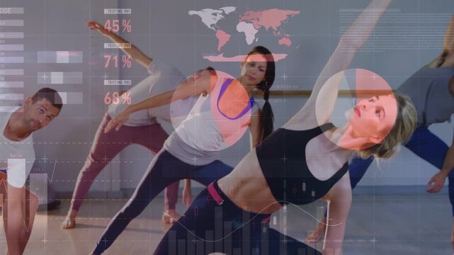 Instructor-led fitness class performing side stretch on cue, data charts overlaying to track form